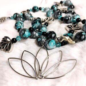 Handmade Sky Blue and Black Lotus Necklace and Bracelet set